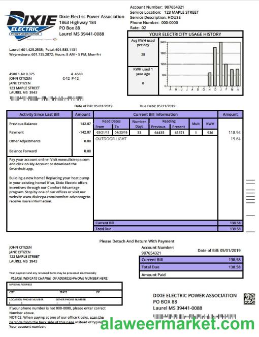 USA Mississipi Dixie Electric utility bill template in Word and PDF format